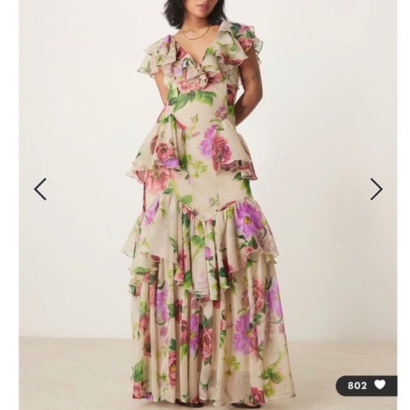 ASOS Floral Petite Scoop Neck Flutter Sleeve Ruffle Tiered Midaxi Dress Size 6 - Picture 1 of 9